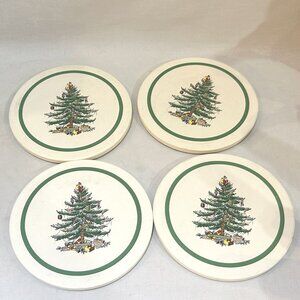 Set of 4 Spode Christmas Tree Santa Topper Coasters Cork Back Round 4 1/8"